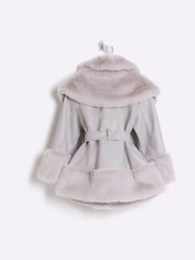 River Island Grey Girls Faux Fur Leather BOWS  Wrap Coat - Image 2 of 4