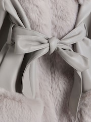 River Island Grey Girls Faux Fur Leather BOWS  Wrap Coat - Image 3 of 4