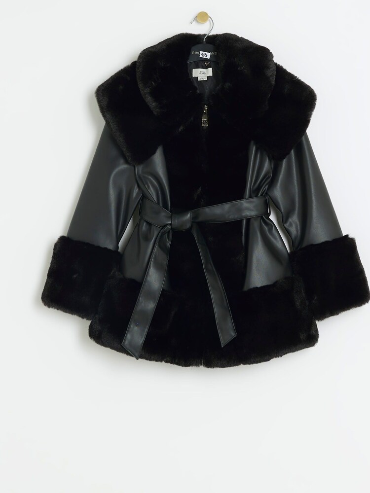 River Island – Leder-Wickelmantel für Mädchen mit Kunstpelz - Bild 1 von 3