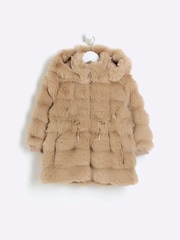 River Island Brown Girls Toffee Bobble Faux Fur Coat - Image 1 of 4