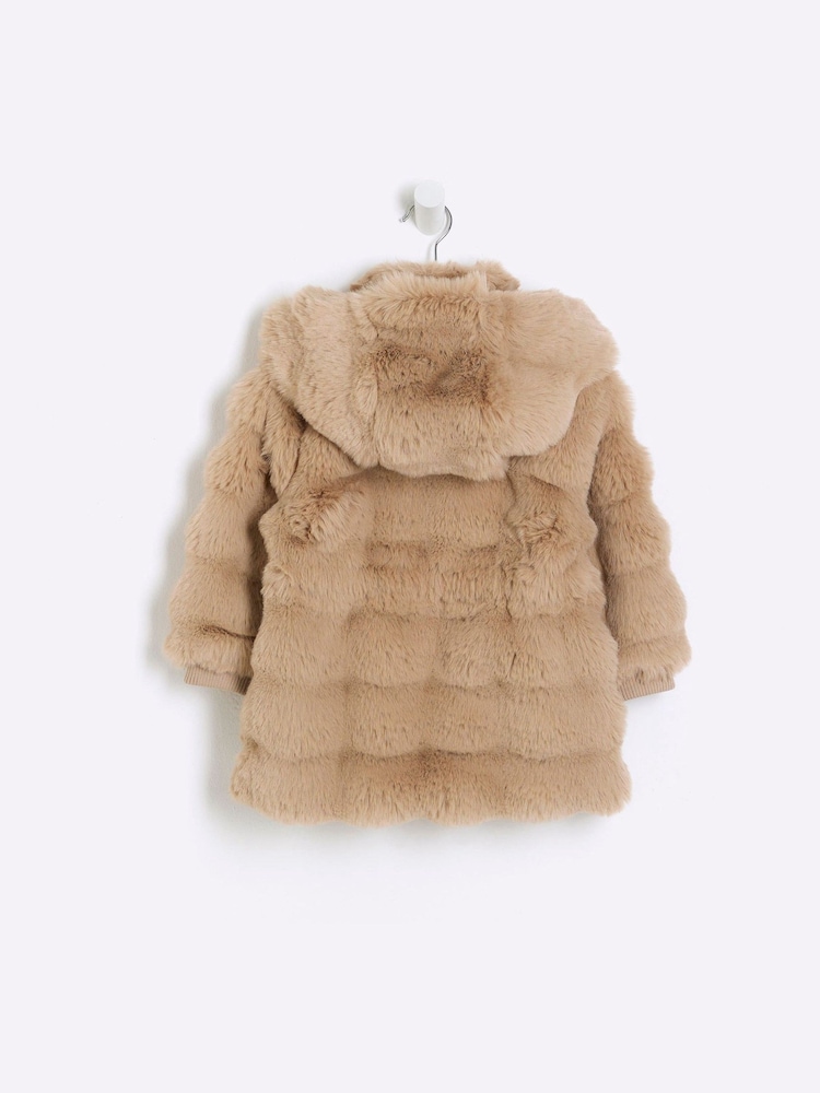 River Island Brown Girls Toffee Bobble Faux Fur Coat - Image 2 of 4
