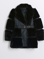 River Island Black Girls Panelled Faux Fur Coat - Image 1 of 3
