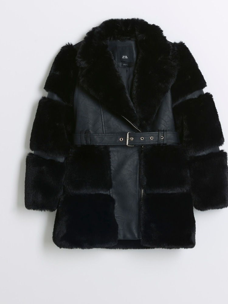 River Island Black Girls Panelled Faux Fur Coat - Image 1 of 3