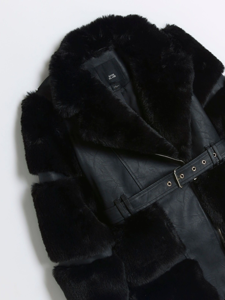 River Island Black Girls Panelled Faux Fur Coat - Image 2 of 3