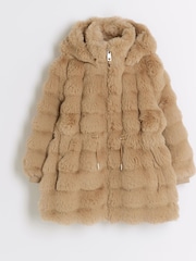 River Island Brown Girls Bobble Faux Fur Coat - Image 1 of 3
