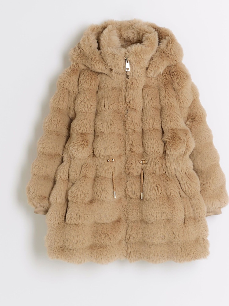 River Island Brown Girls Bobble Faux Fur Coat - Image 1 of 3