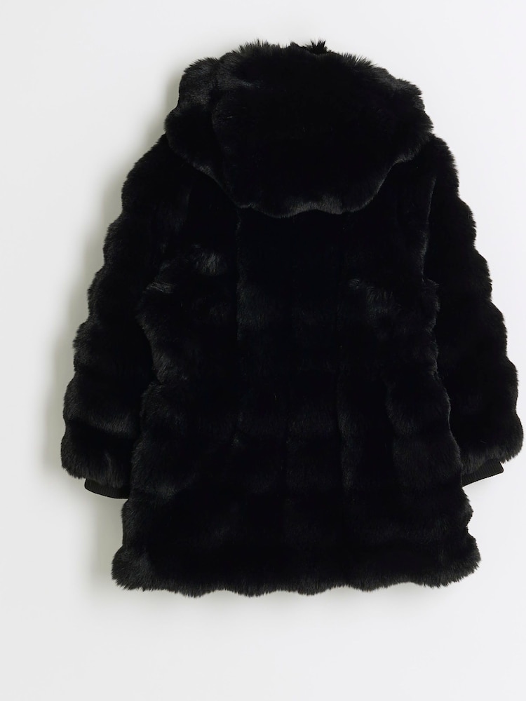 River Island Black Girls Bobble Faux Fur Coat - Image 2 of 4