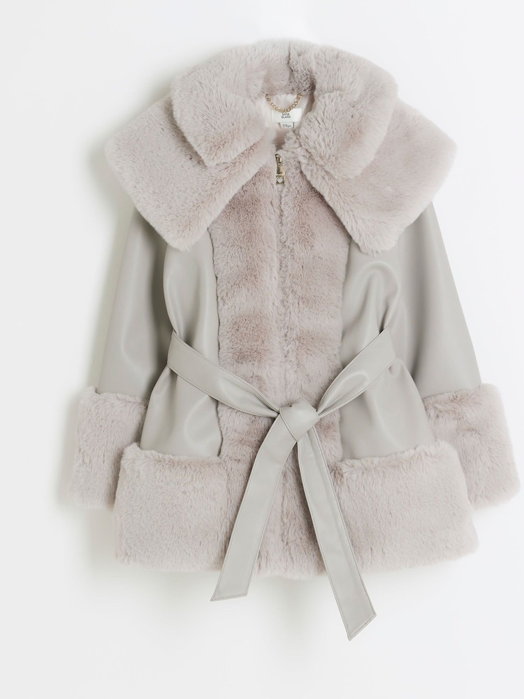 River Island Grey Girls Faux Fur Leather Wrap Coat - Image 1 of 3