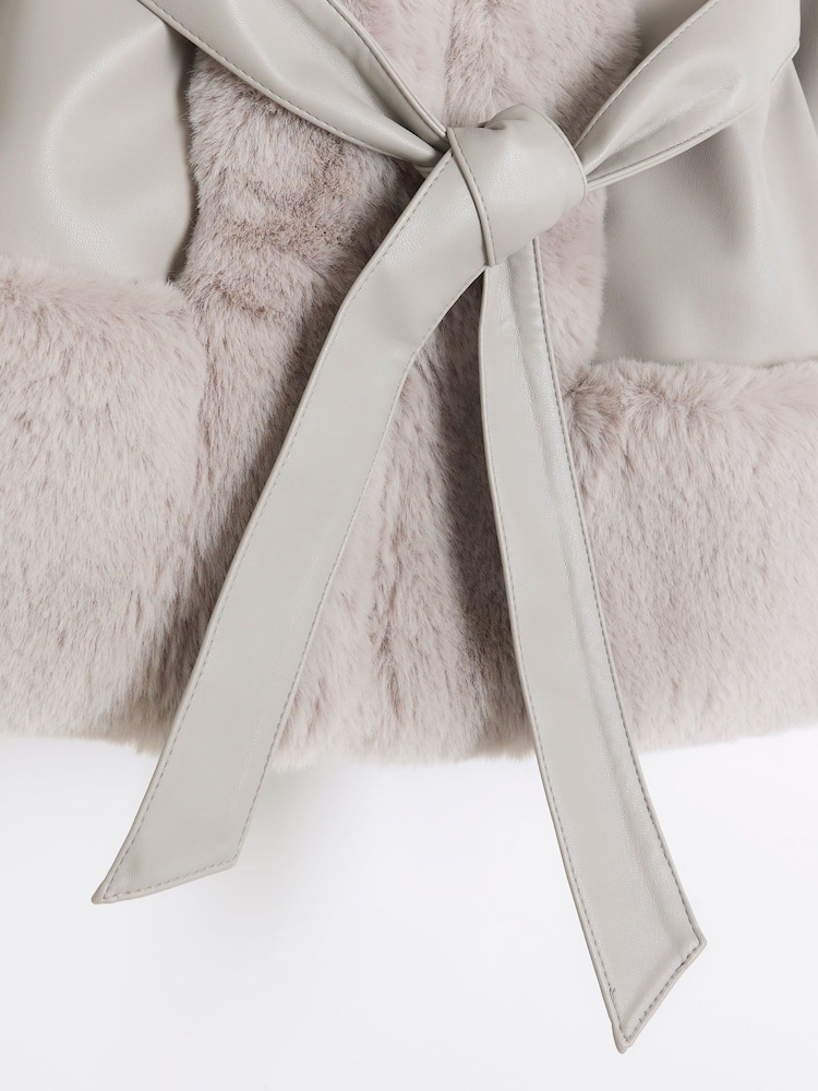 River Island Grey Girls Faux Fur Leather Wrap Coat - Image 2 of 3