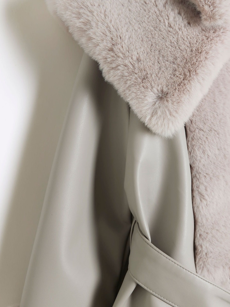 River Island Grey Girls Faux Fur Leather Wrap Coat - Image 3 of 3