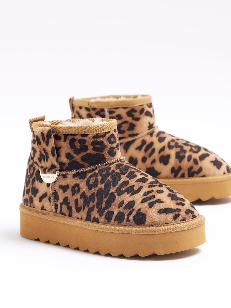 River Island Brown Suedette Girls Leopard Faux Fur Boots - Image 2 of 4 River Island Brown Suedette Girls Leopard Faux Fur Boots - Image 2 of 4