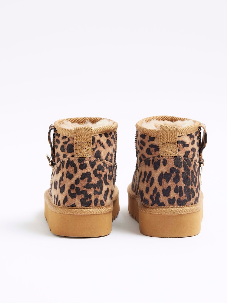 River Island Brown Suedette Girls Leopard Faux Fur Boots