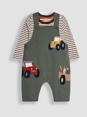 JoJo Maman Bébé Khaki Tractor Appliqué Texture Dungarees & Top Set - Image 1 of 6