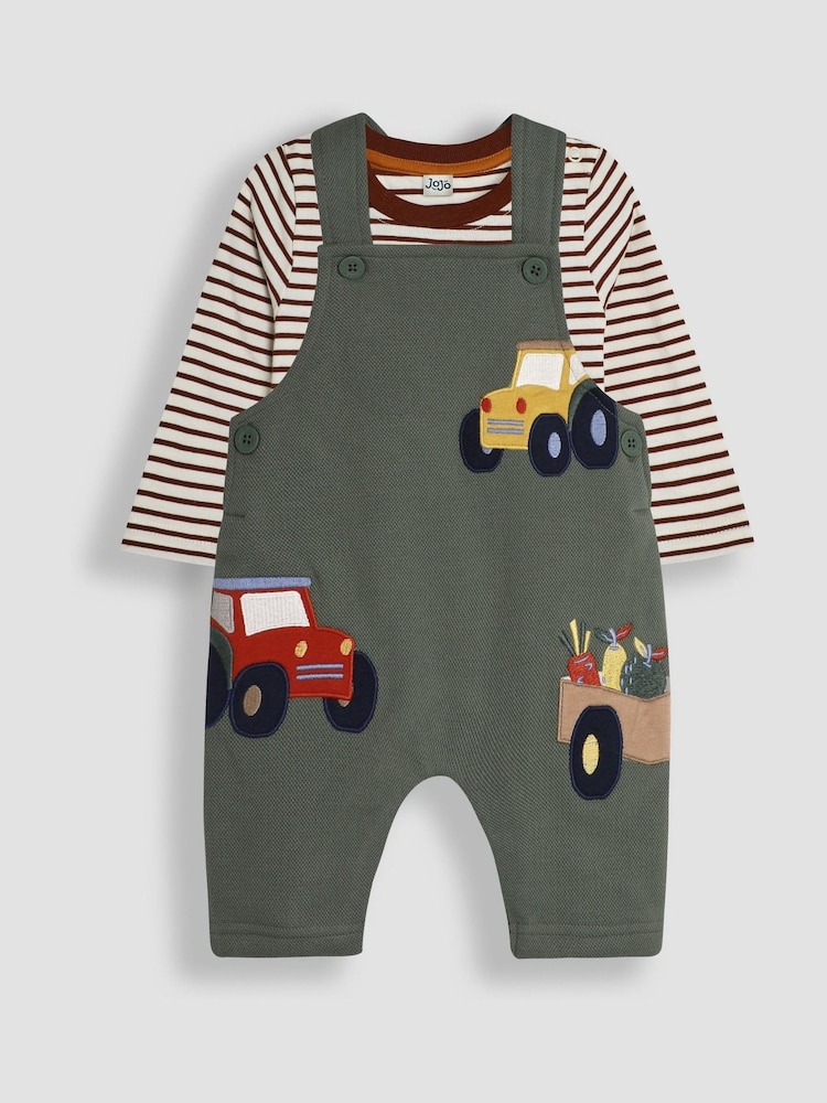 JoJo Maman Bébé Khaki Tractor Appliqué Texture Dungarees & Top Set - Image 1 of 6 JoJo Maman Bébé Khaki Tractor Appliqué Texture Dungarees & Top Set - Image 1 of 6