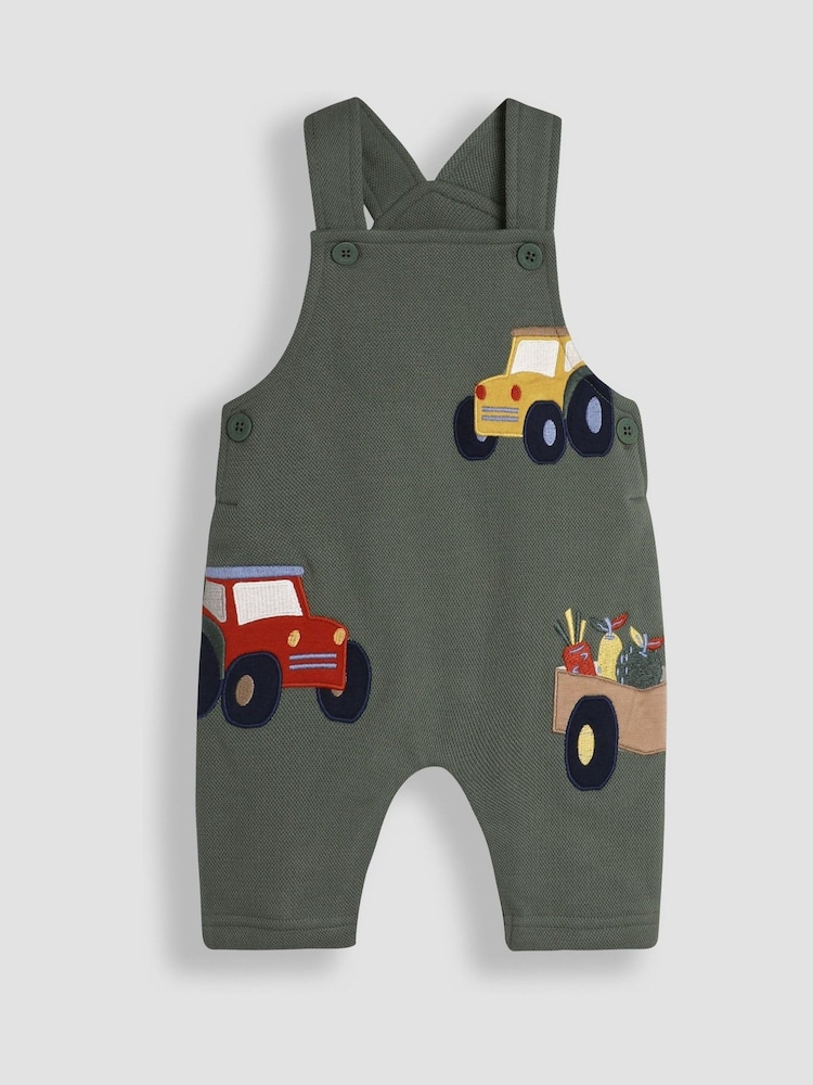 JoJo Maman Bébé Khaki Tractor Appliqué Texture Dungarees & Top Set - Image 2 of 6