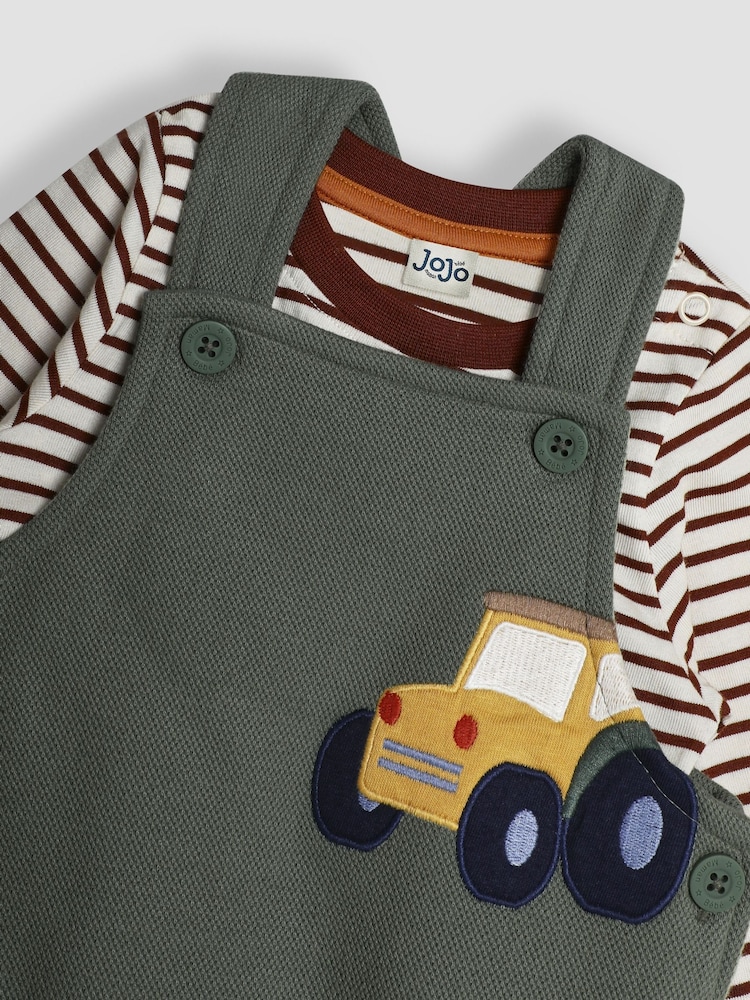 JoJo Maman Bébé Khaki Tractor Appliqué Texture Dungarees & Top Set - Image 6 of 6