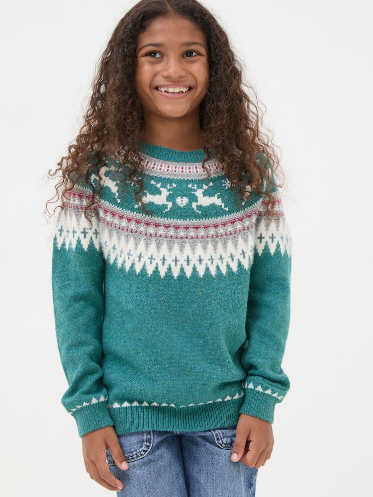 FatFace Teal Blue Reindeer Fairisle Pattern Jumper - Image 2 of 5