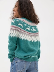 FatFace Teal Blue Reindeer Fairisle Pattern Jumper - Image 3 of 5
