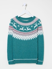 FatFace Teal Blue Reindeer Fairisle Pattern Jumper - Image 5 of 5