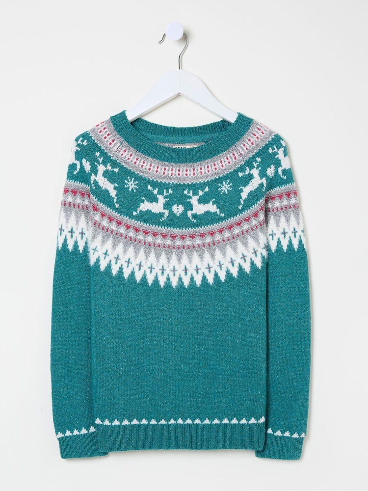 FatFace Teal Blue Reindeer Fairisle Pattern Jumper - Image 5 of 5