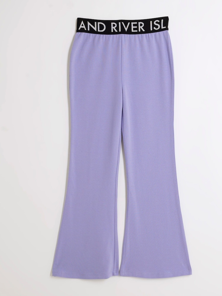 River Island Purple Girls Deep Waistband Kickflare 100% Cotton Trousers - Image 1 of 3 River Island Purple Girls Deep Waistband Kickflare 100% Cotton Trousers - Image 1 of 3