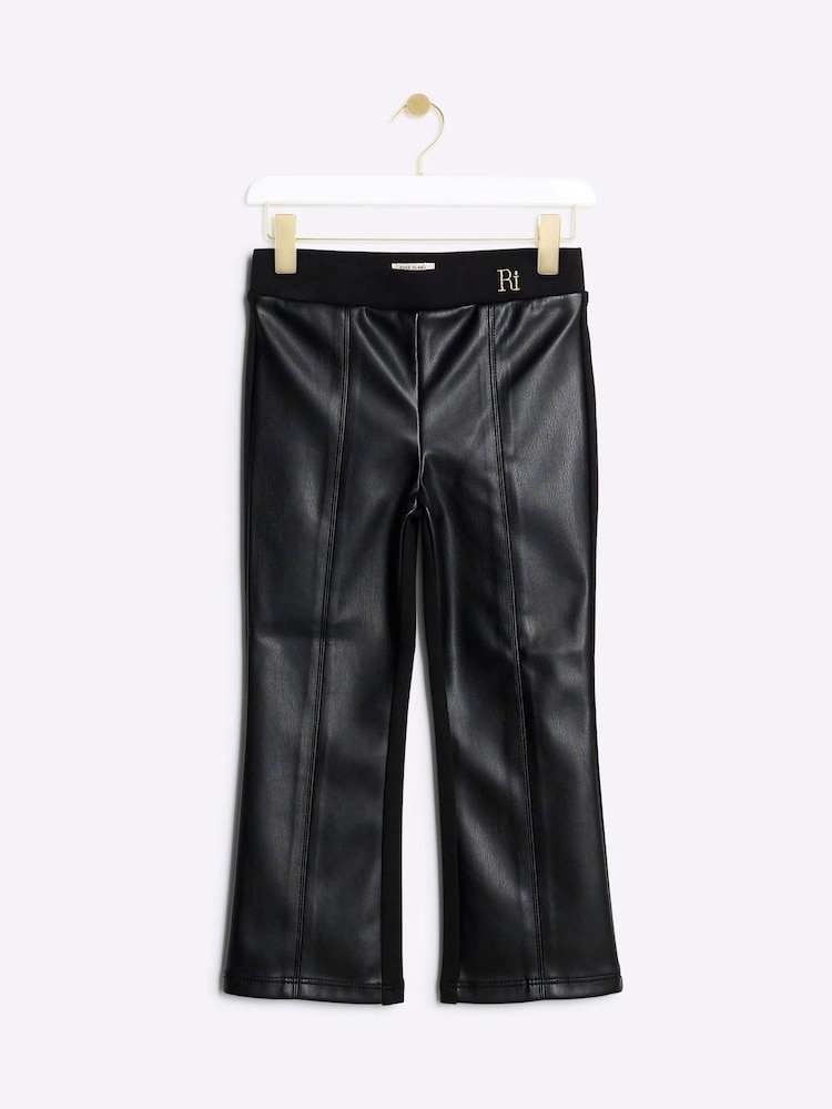River Island Black Girls Faux Leather Front Kickflare Trousers - Image 1 of 4 River Island Black Girls Faux Leather Front Kickflare Trousers - Image 1 of 4