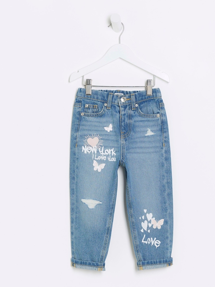River Island Blue Girls New York Graffiti Mom 100% Cotton Jeans - Image 1 of 4 River Island Blue Girls New York Graffiti Mom 100% Cotton Jeans - Image 1 of 4