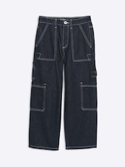 River Island Blue Boys Denim Loose Fit Carpenter 100% Cotton Jeans - Image 1 of 4