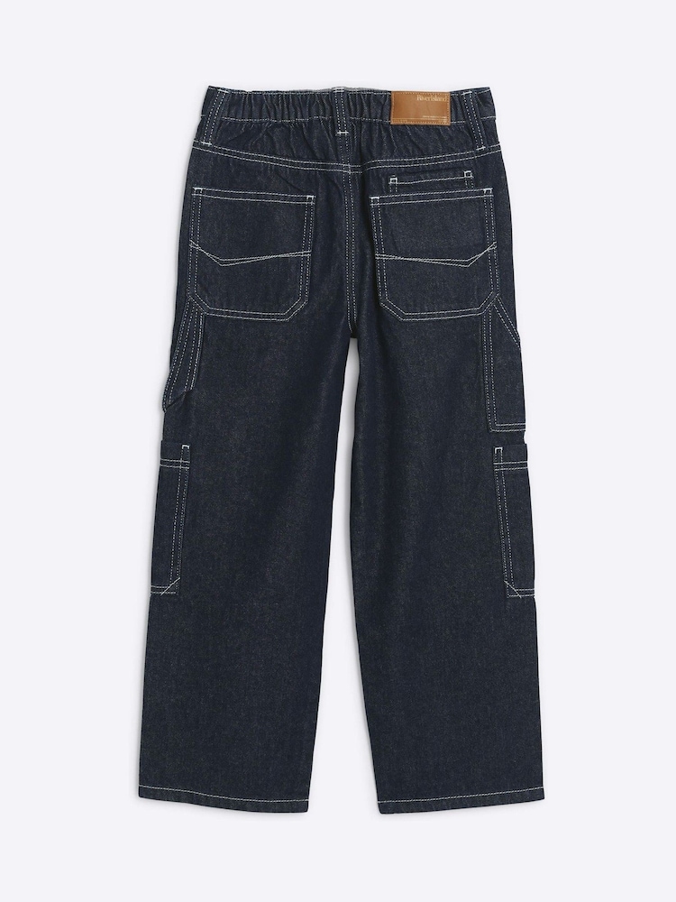River Island Blue Boys Denim Loose Fit Carpenter 100% Cotton Jeans - Image 2 of 4
