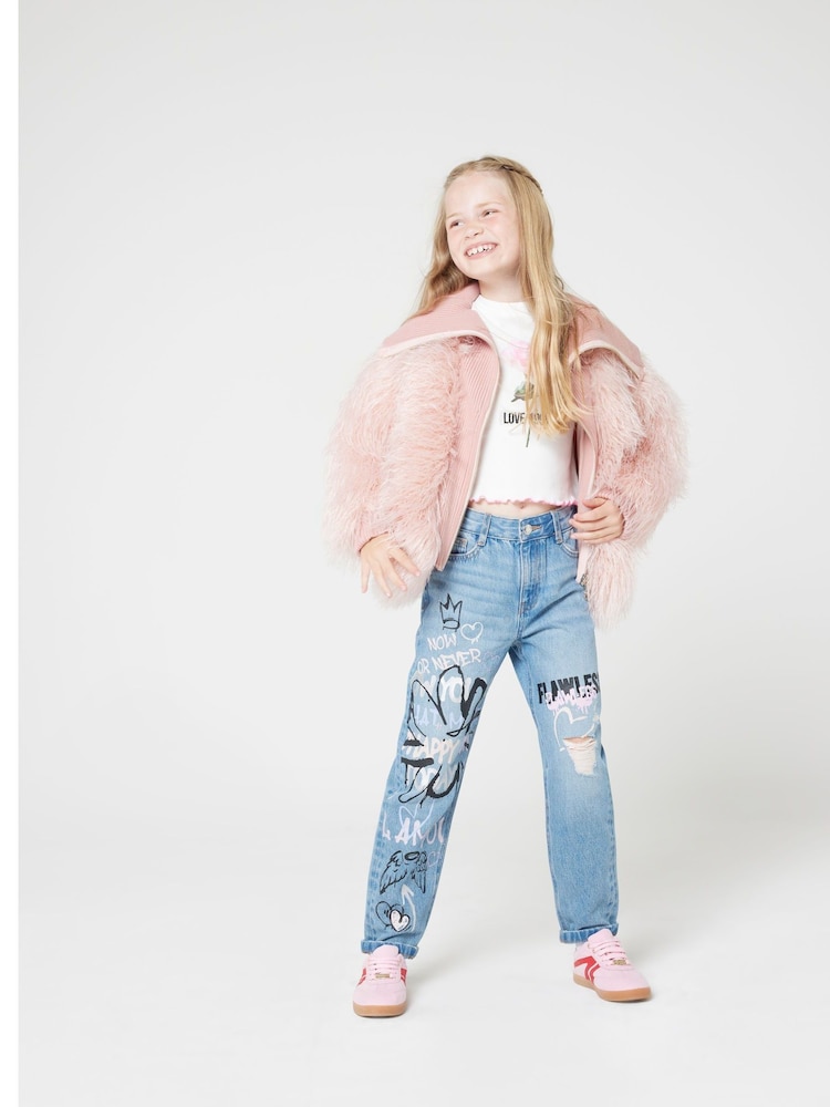 River Island Blue Mom Girls Now Or Never Graffiti 100% Cotton Jeans - Image 1 of 5