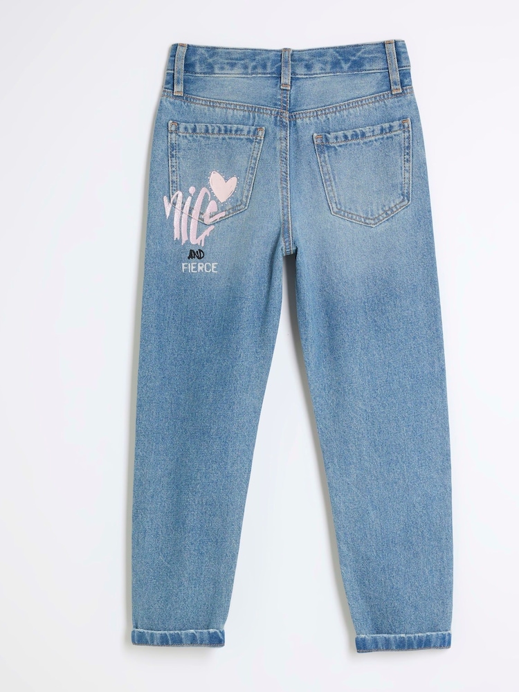 River Island Blue Mom Girls Now Or Never Graffiti 100% Cotton Jeans - Image 3 of 5