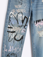 River Island Blue Mom Girls Now Or Never Graffiti 100% Cotton Jeans - Image 5 of 5