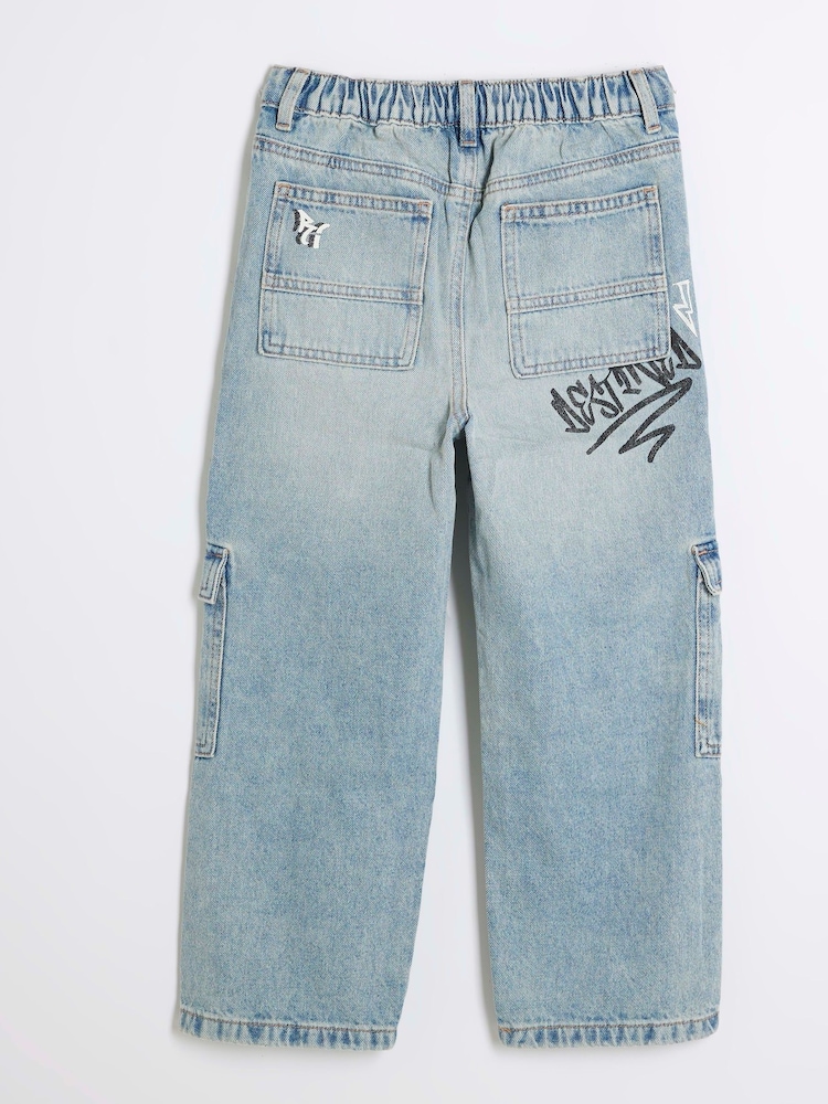 River Island Blue Boys Denim Graffiti Cargo 100% Cotton Jeans - Image 2 of 4