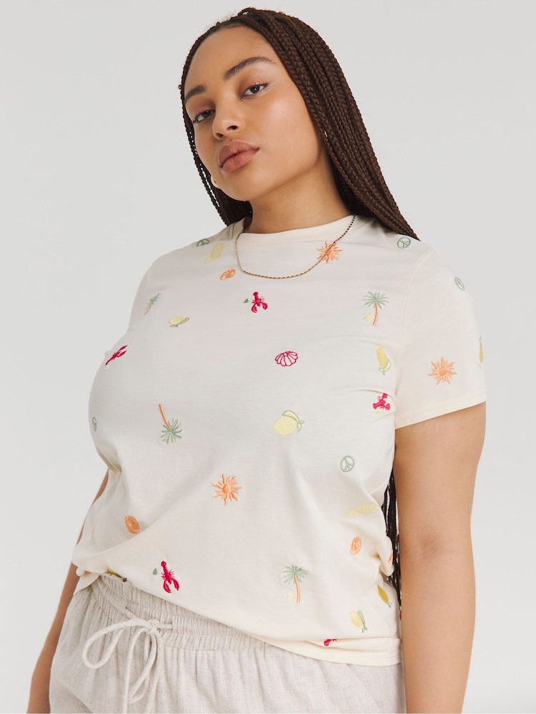 Simply Be Natural Tropical Embroidered 100% Cotton T-Shirt - Image 1 of 4