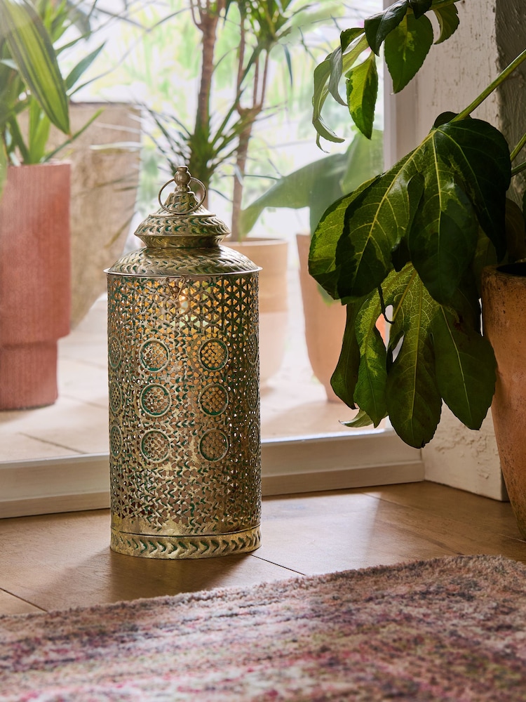 Gold Metal Cutout Patterned Medium Lantern - Image 1 of 6