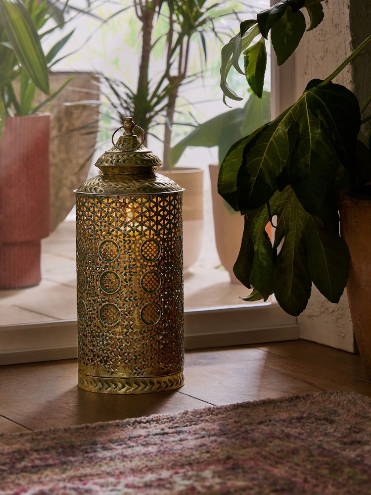 Gold Metal Cutout Patterned Medium Lantern - Image 2 of 6
