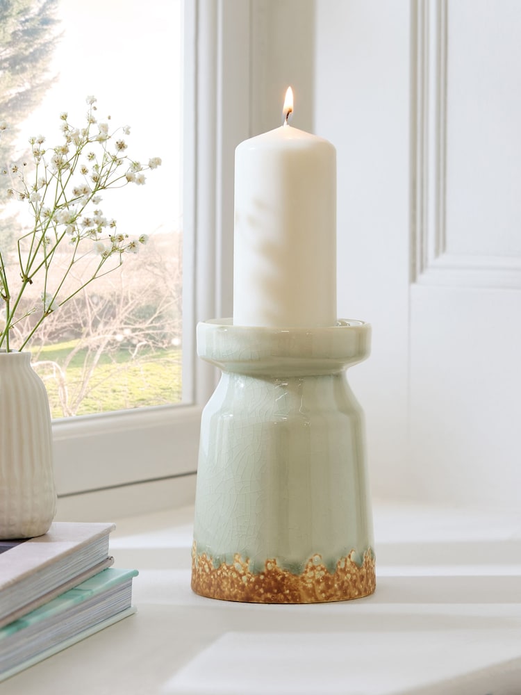 Neutral Speckled Reactive Glazed Pillar Candle Holder - Image 1 of 4