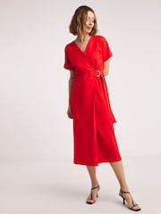 JD Williams Red Linen D-Ring Wrap Dress - Image 1 of 4