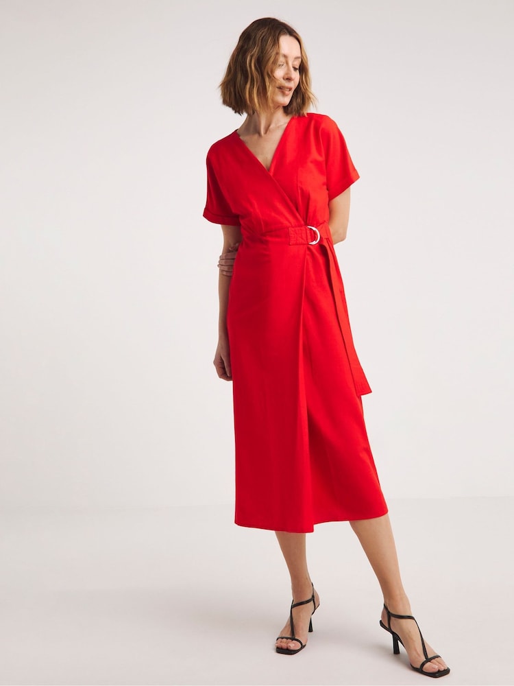 JD Williams Red Linen D-Ring Wrap Dress - Image 1 of 4