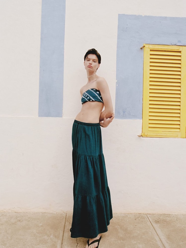 Mango Blue Long 100% Cotton Flared Skirt - Image 1 of 6