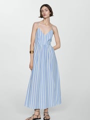 Mango Blue 100% Cotton Cut-Out Back Striped Dress - Image 1 of 6