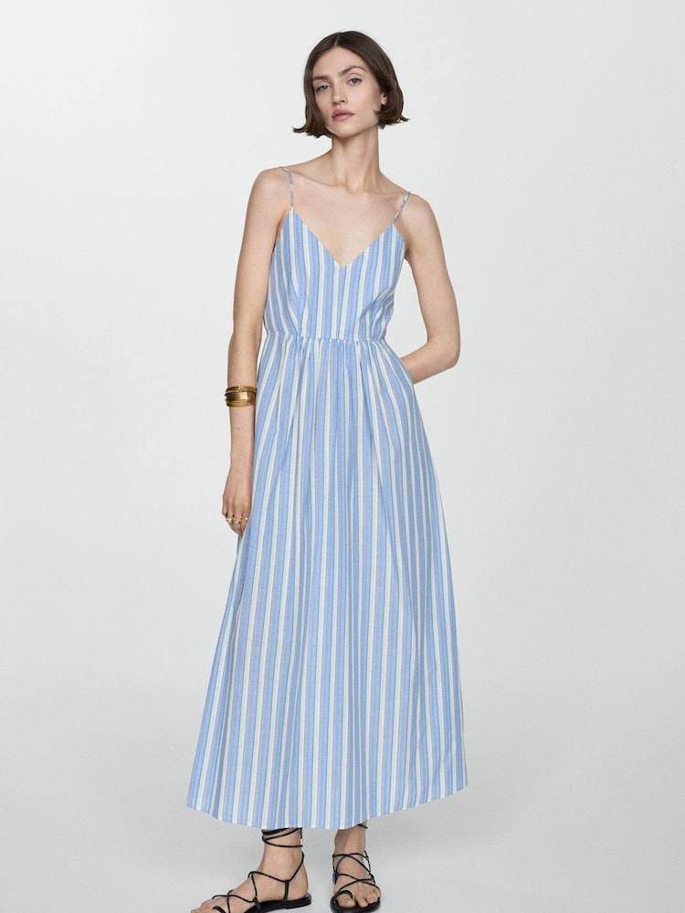 Mango Blue 100% Cotton Cut-Out Back Striped Dress - Image 1 of 6 Mango Blue 100% Cotton Cut-Out Back Striped Dress - Image 1 of 6