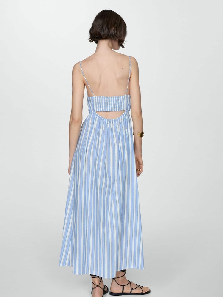 Mango Blue 100% Cotton Cut-Out Back Striped Dress - Image 2 of 6 Mango Blue 100% Cotton Cut-Out Back Striped Dress - Image 2 of 6