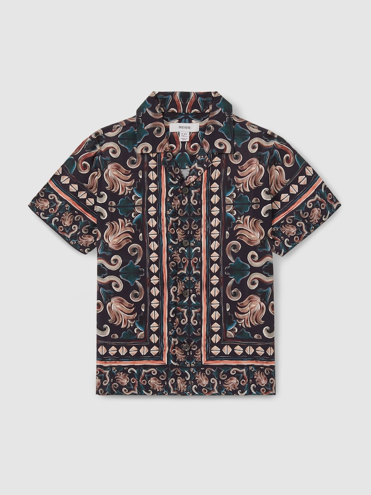 Reiss Dark Teal Finn 3-9 yrs Ornamental Print Cuban Collar Shirt - Image 1 of 3