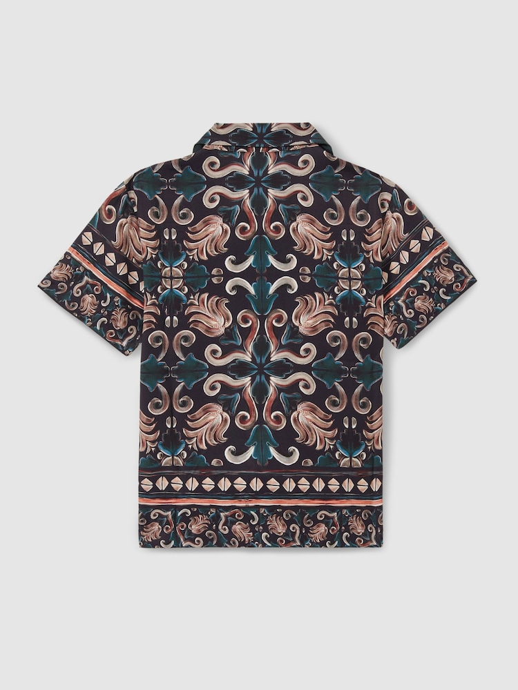 Reiss Dark Teal Finn 3-9 yrs Ornamental Print Cuban Collar Shirt - Image 2 of 3