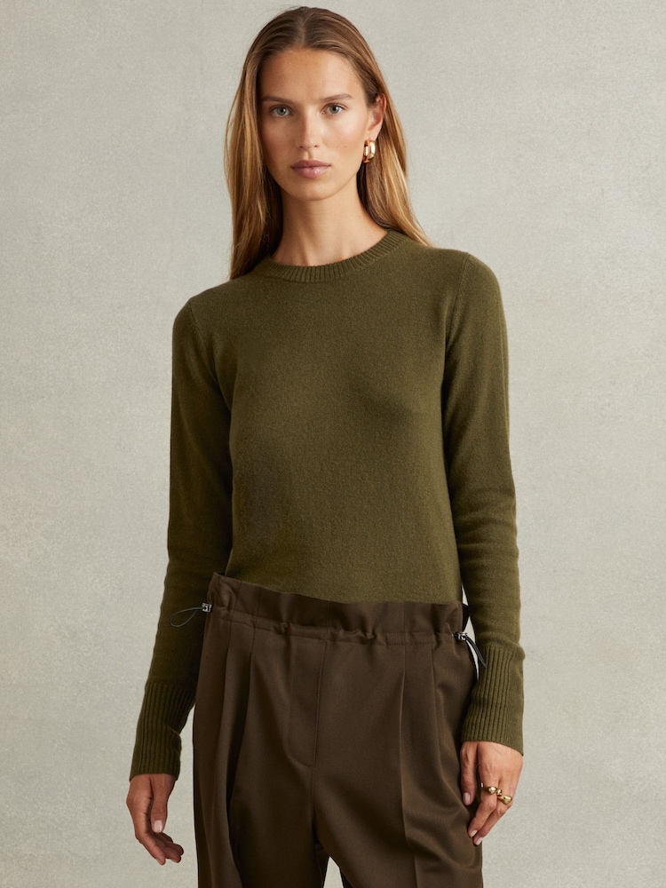 Reiss Khaki Annie Wool Blend Crew Neck Jumper with Cashmere - Image 1 of 5