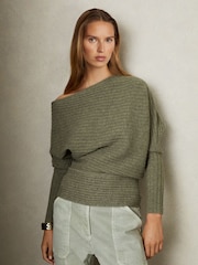 Reiss Sage Nelly Wool-Cashmere Off-The-Shoulder Draped Jumper - Image 1 of 5