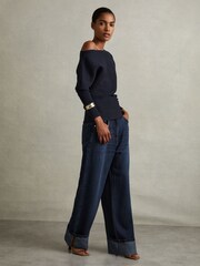 Reiss Navy Lorna Asymmetric Draped Knitted Jumper - Image 1 of 5
