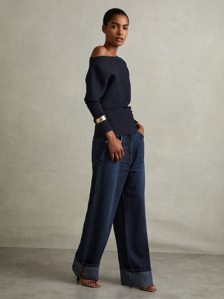 Reiss Navy Lorna Asymmetric Draped Knitted Jumper - Image 1 of 5