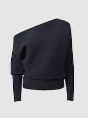 Reiss Navy Lorna Asymmetric Draped Knitted Jumper - Image 2 of 5